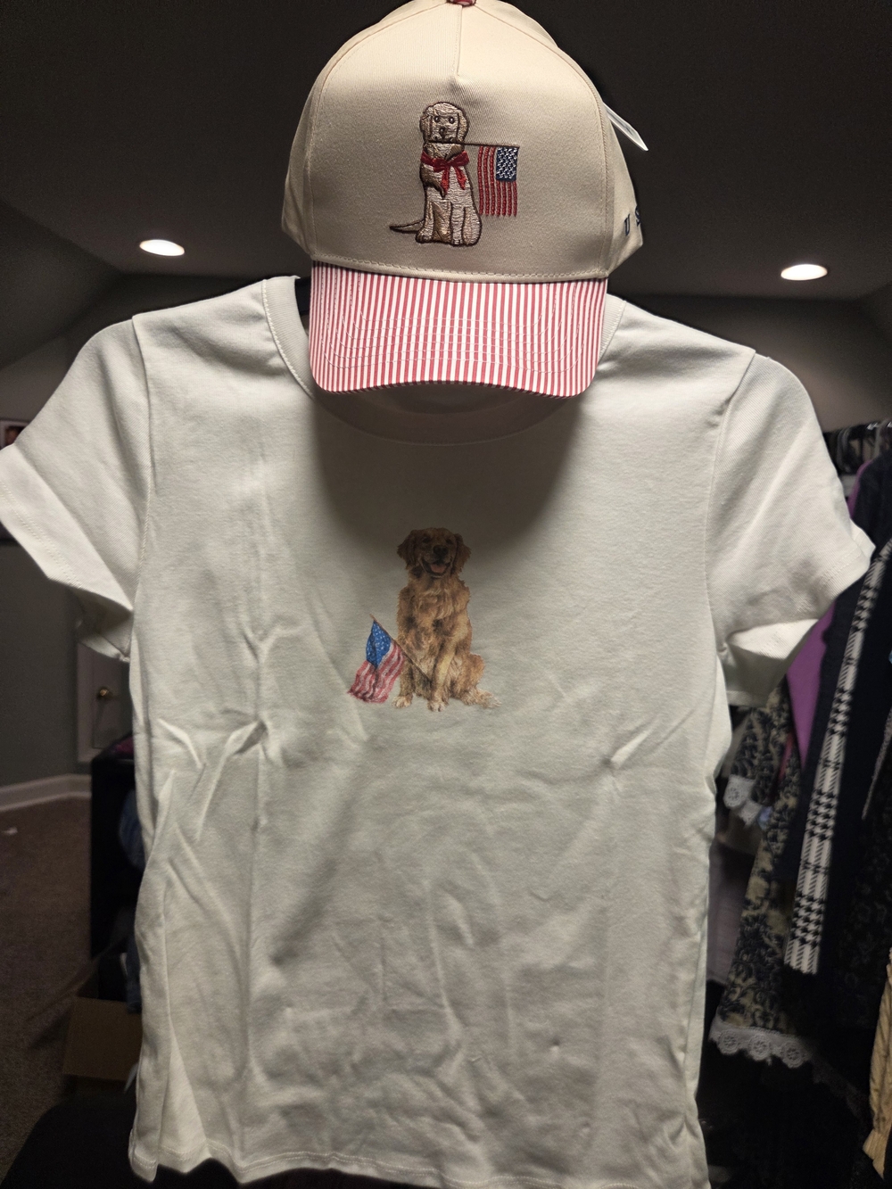 Altar'd State Cream Tee with Embroidered Golden Retriever and Flag